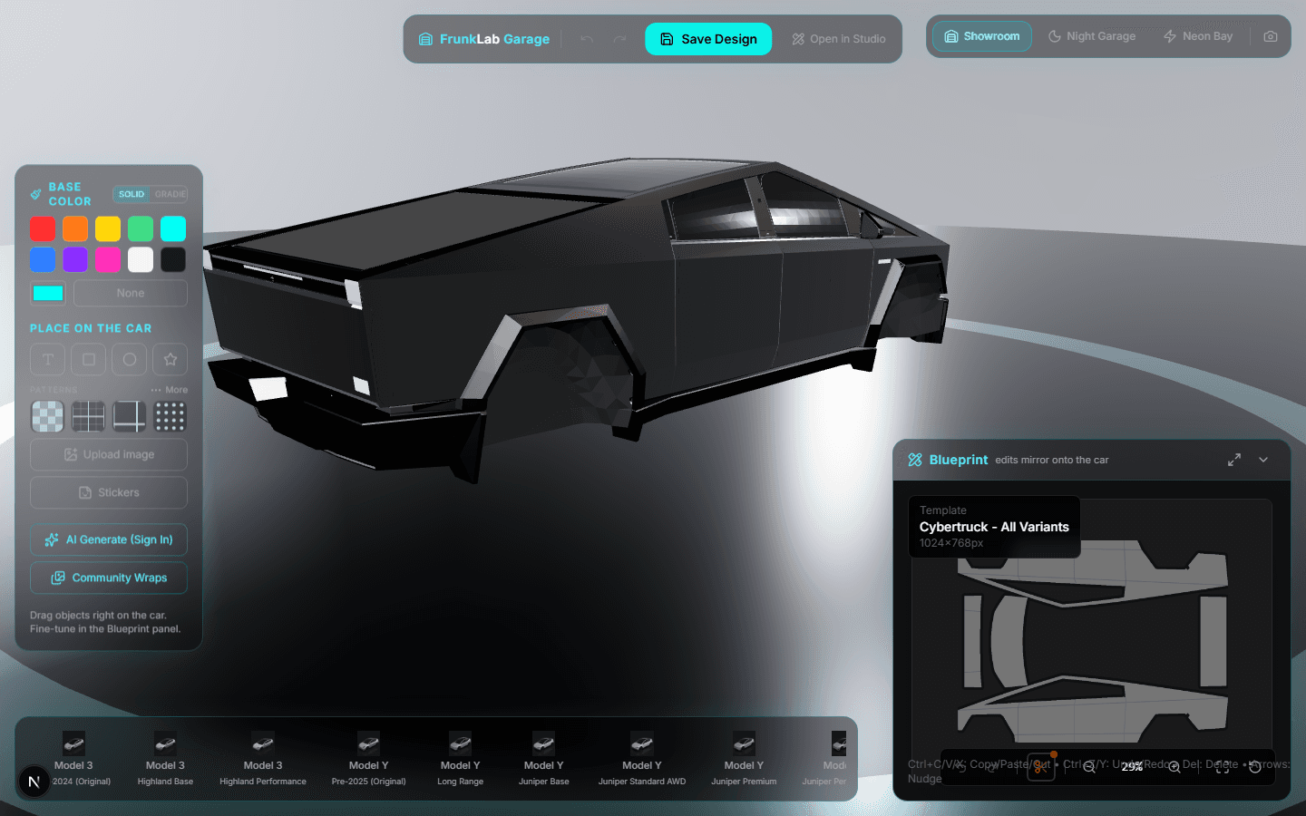 The Garage on first load: a 3D Cybertruck in the showroom with the tool dock on the left, the Blueprint panel on the right, and the vehicle dock along the bottom