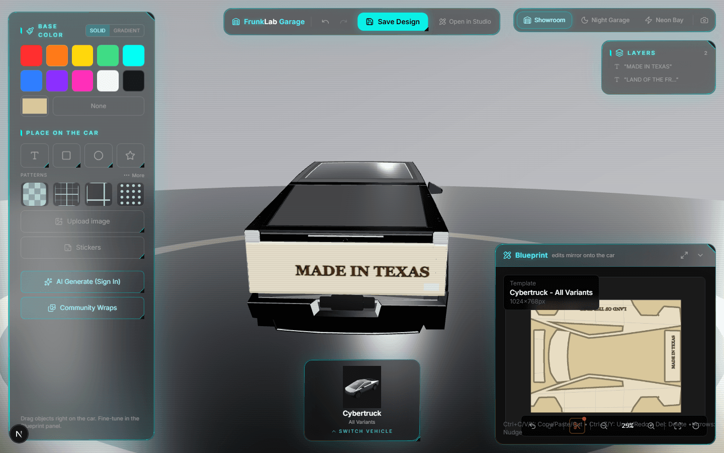 The Cybertruck tailgate with a MADE IN TEXAS stamp centered on the rear panel