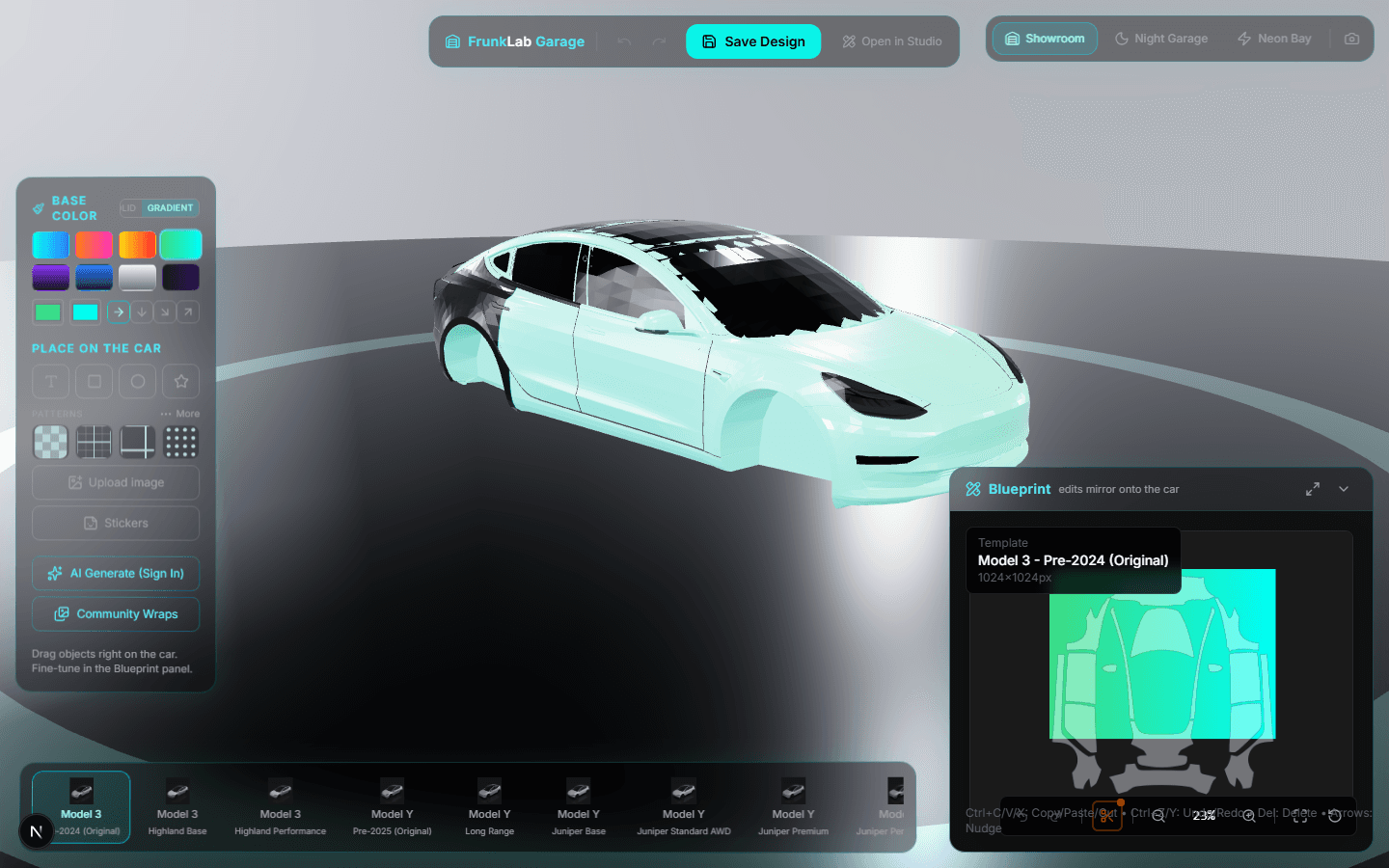 A Model 3 in the Garage wearing the Aurora gradient base coat, with the gradient preset chips visible in the tool dock