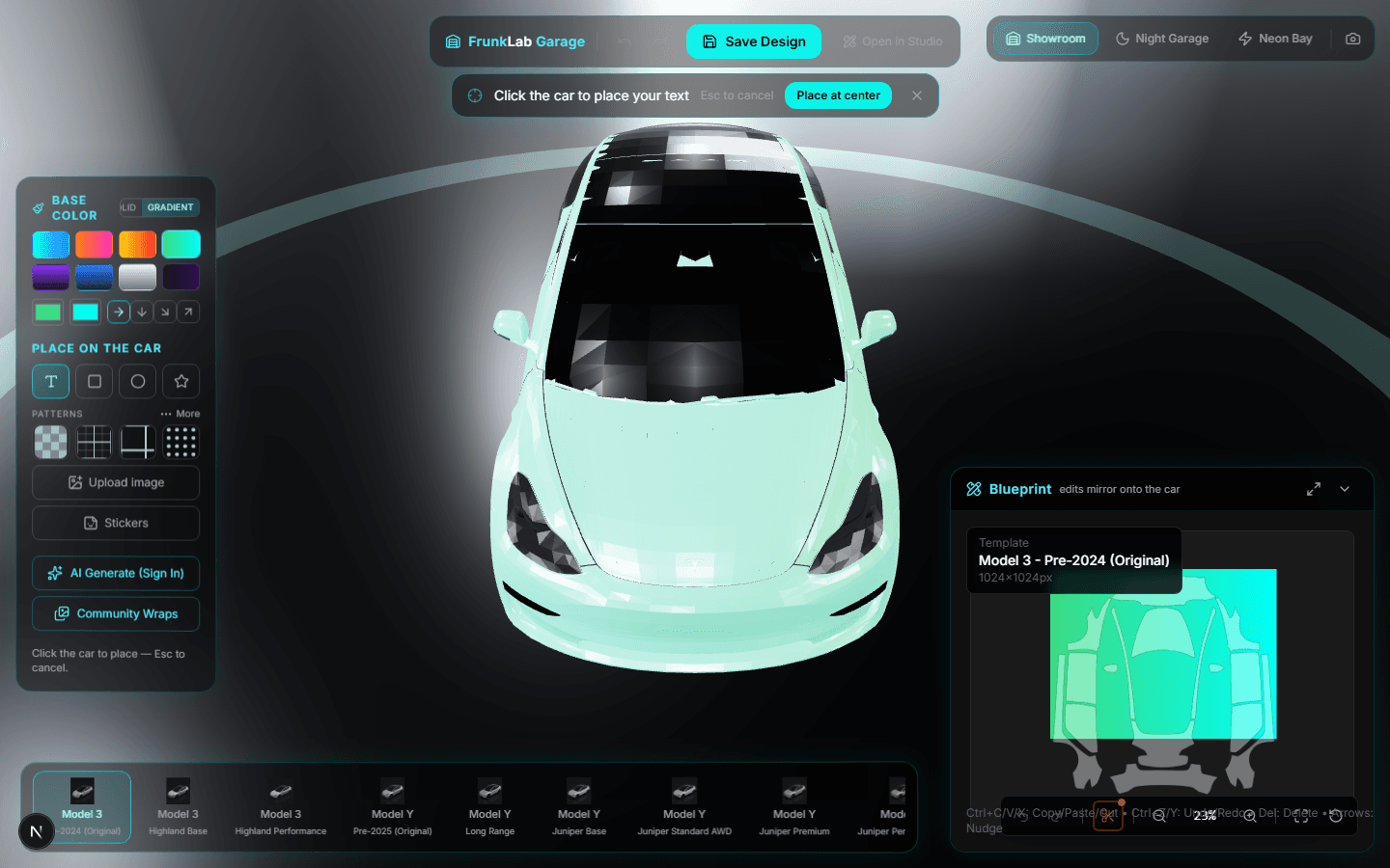 The armed text tool showing the placement banner above a Model 3, prompting you to click the car to place your text
