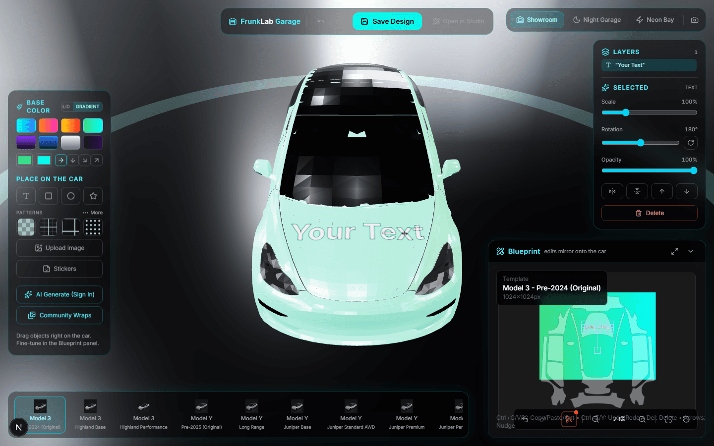 Text placed on the Model 3's hood, automatically rotated to read upright, with the layers panel showing the selected text object