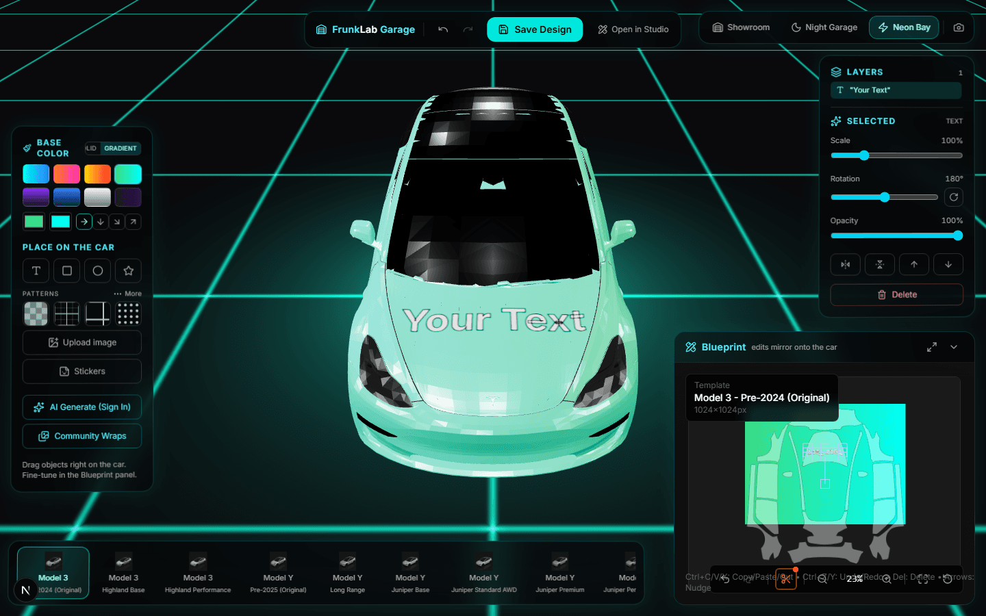 The same Model 3 design under the Neon Bay scene, with a glowing grid floor tinted to the wrap's colors