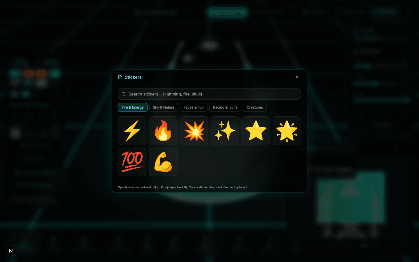 The sticker library open over the Garage, showing the Fire and Energy category with searchable stickers