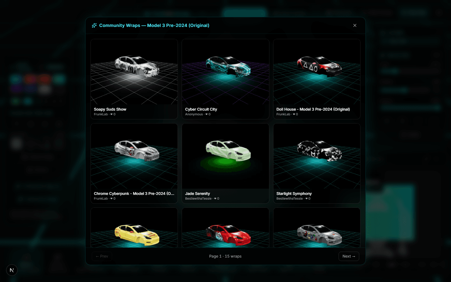 The community wrap browser inside the Garage, a grid of real gallery designs ready to apply to your car