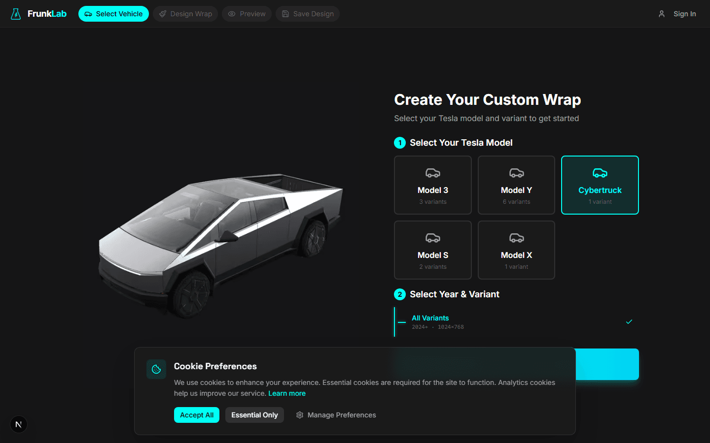 The FrunkLab studio editor with an empty Cybertruck template loaded showing the wider 1024x768 canvas